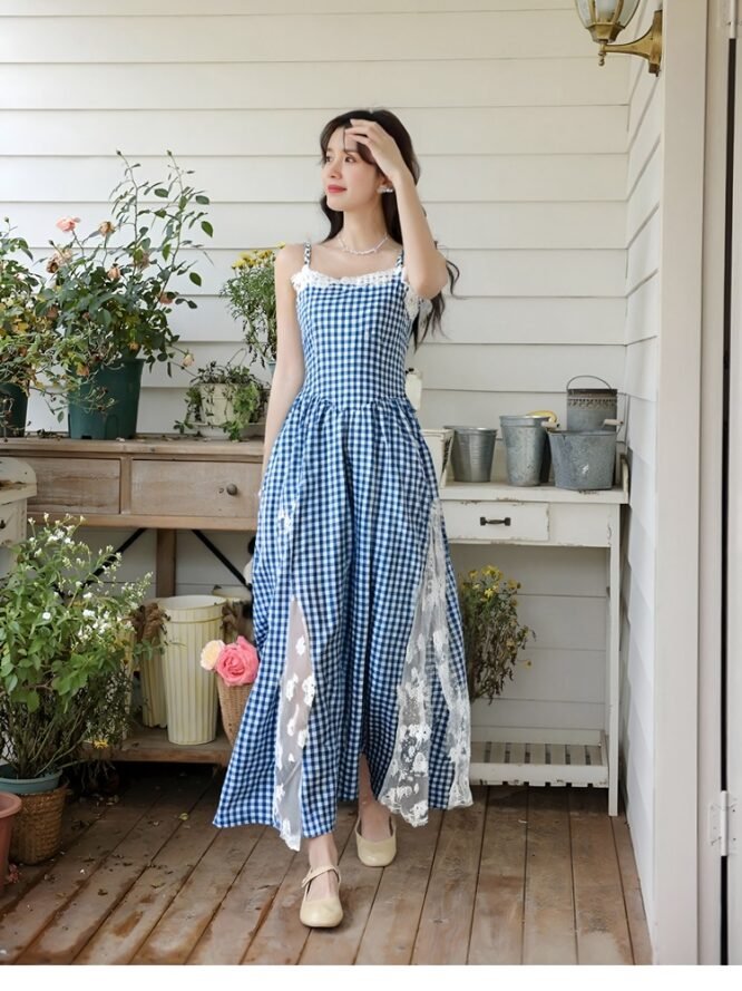 Lace Blue Gingham Sundress 蕾丝蓝格吊带裙