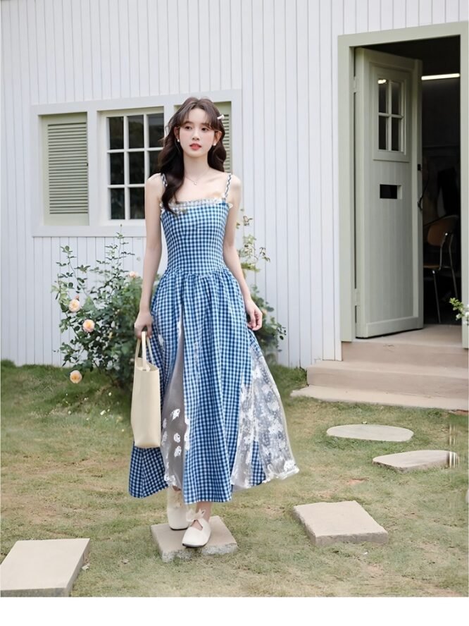 Lace Blue Gingham Sundress 蕾丝蓝格吊带裙 - Image 2