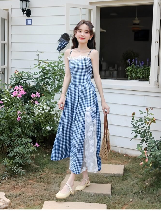 Lace Blue Gingham Sundress 蕾丝蓝格吊带裙 - Image 4